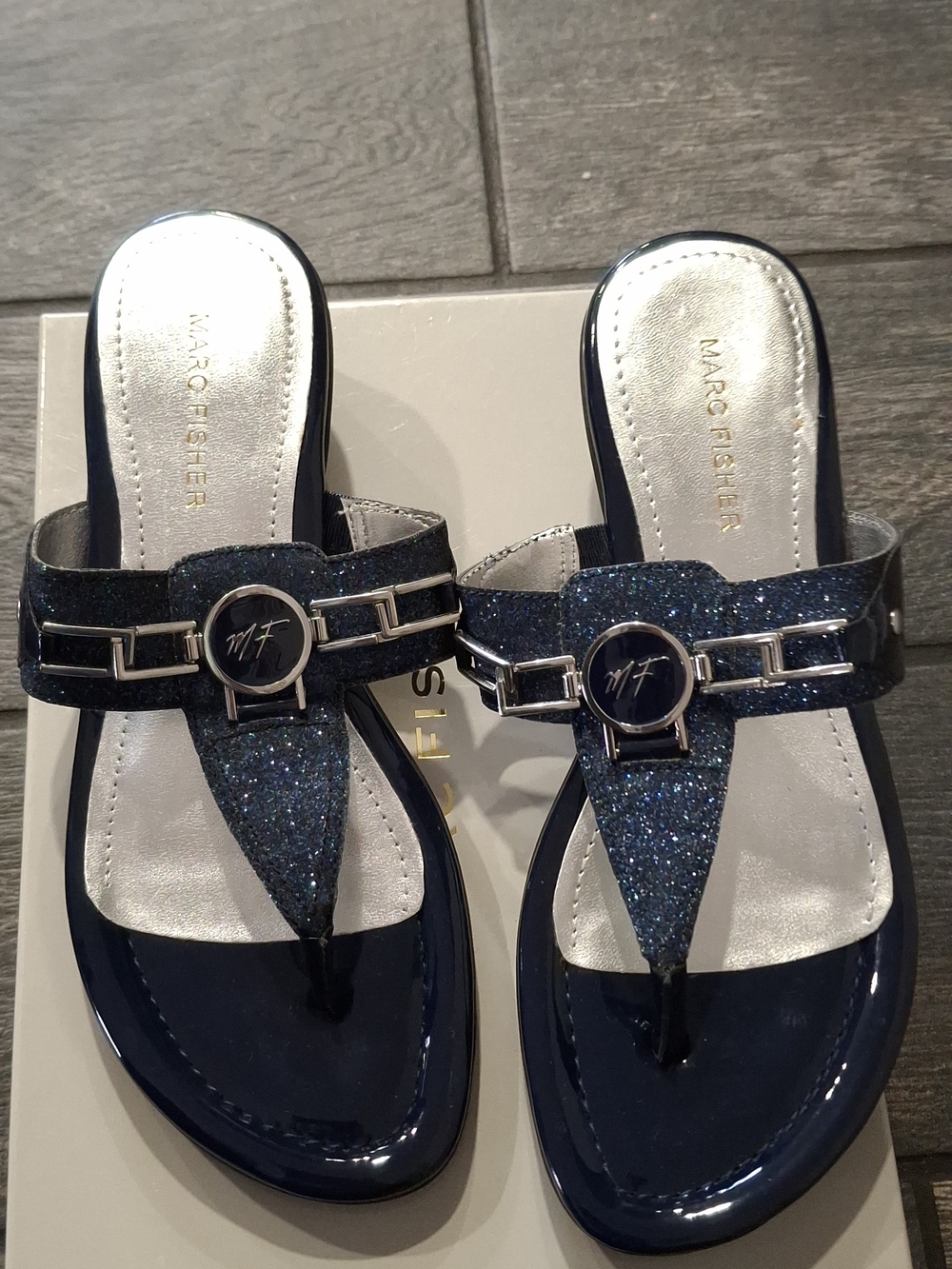 Marc Fisher Navy Glitter T-Strap Thong Sandals with Logo Medallion